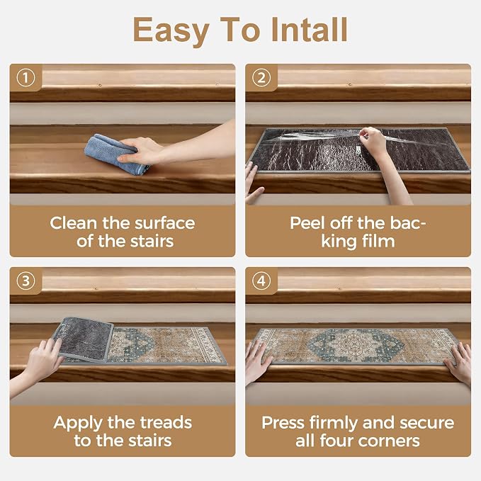 sarben 8"x30" Non Slip Stair Treads for Wooden Steps 15 Pack, Blue Brown | Peel and Stick Carpet Stair Runner with TPE Adhesive Backing, Carpet for Added Safety, Pet and Senior Friendly