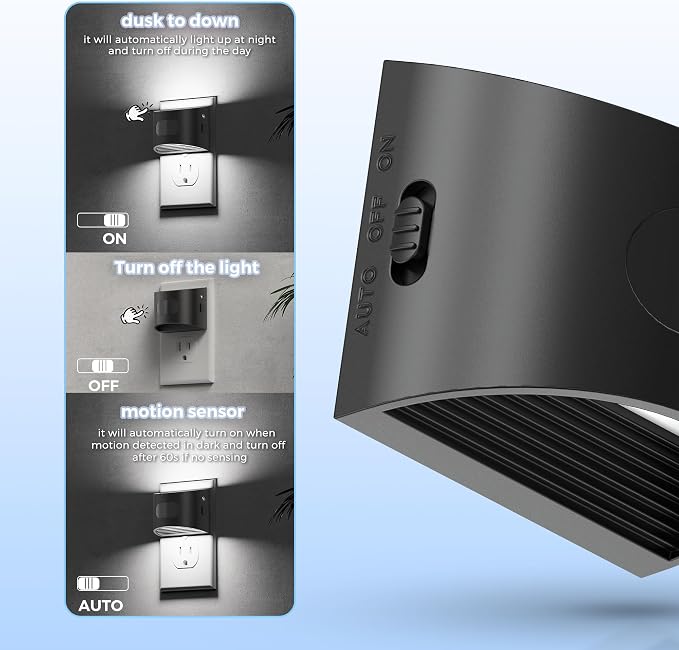 L LOHAS LED Motion Sensor Night Light, Night Lights Plug into Wall, 4 Pack | Nightlight with Dusk to Dawn & Motion Detection Sensor, 30-100Lm Adjustable Brightness, 5000K Daylight, Black Housing
