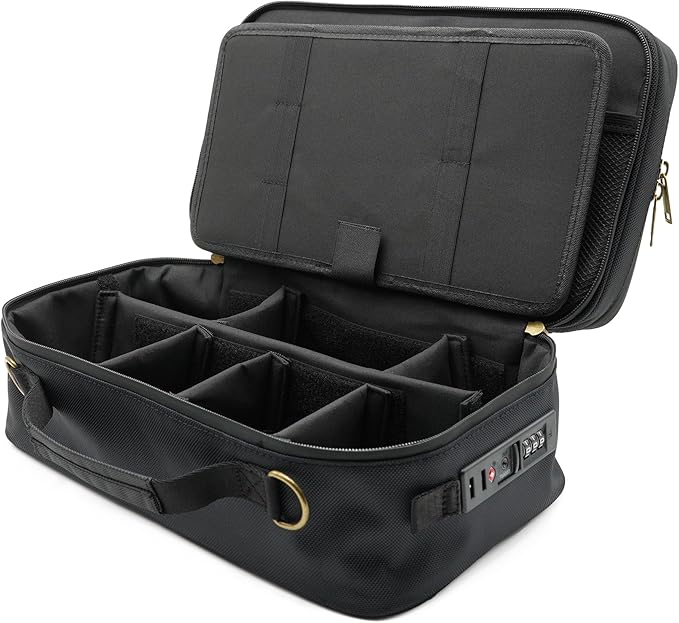 Large Storage Case with TSA Combination Lock Bag, Portable Carbon Lined, XL Medicine Lockable Box for Travel & Home Secured Box Organizer Divider Jars Accessories, Removable Tray (Black)
