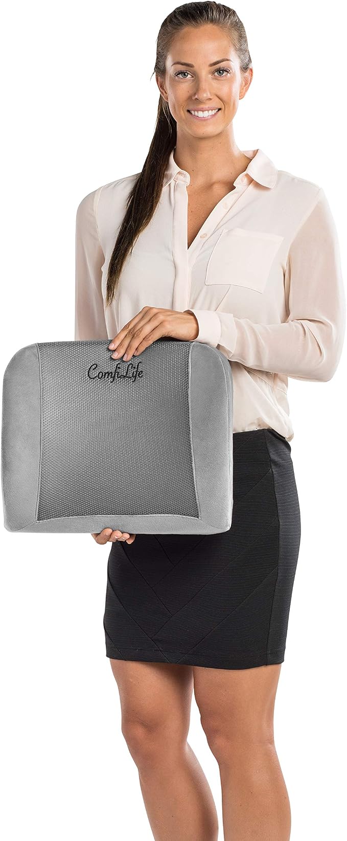 ComfiLife Lumbar Support Back Pillow Office Chair and Car Seat Cushion - Memory Foam with Adjustable Strap and Breathable 3D Mesh (Gray)