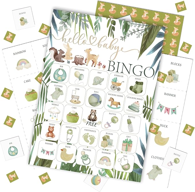 Baby Shower Bingo Game Cards Set for Guests Adults, Animals Woodland Baby Shower Party Bingo Game Gender Reveal Bingo Game for Family Friends Large Group Activity, Favors Supplies Decorations