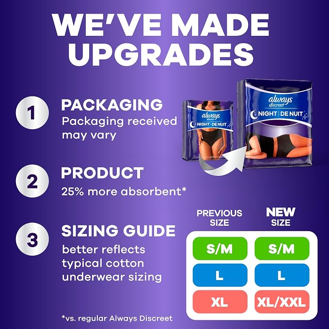 Always Discreet Night, Reimagined Adult Diapers for Women, Extended Overnight Absorbency Incontinence and Postpartum Underwear Size XL/XXL, 360 Degree Coverage While Laying Down, 14 Count (Pack of 2)
