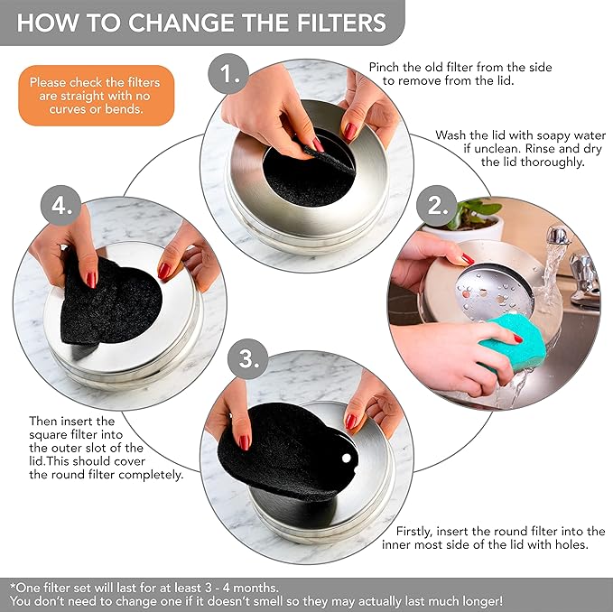 Premium Compost Bin for Kitchen Countertop - Stainless Steel Food Waste Bucket with Innovative Dual Filter Technology - Includes Spare Filters (Brilliant Steel, 1.3 Gallon)