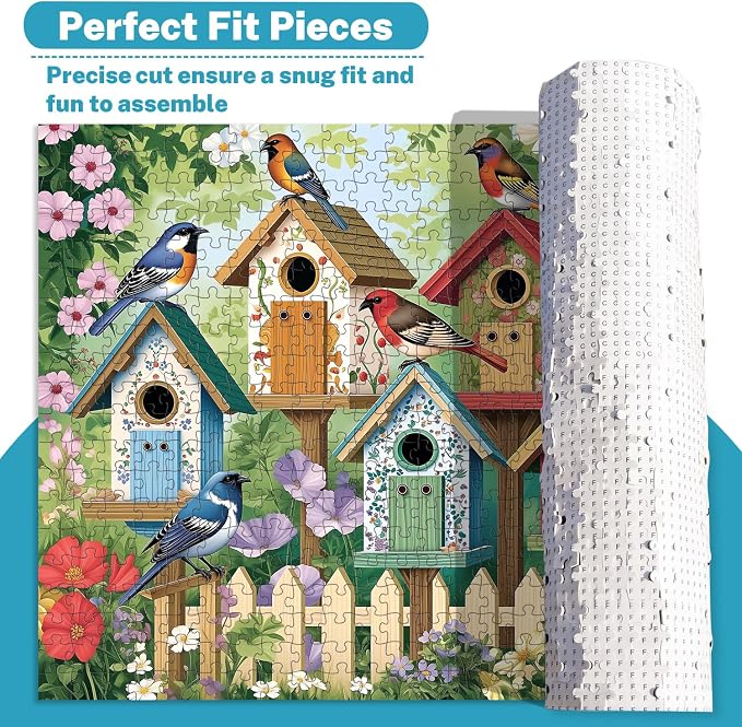 500 Piece Jigsaw Puzzle for Adults, Colorful Garden Birds & Birdhouses | Vibrant birds and blooming flowers for family game night, screen-free fun, wall decor, and gifts for adults and seniors