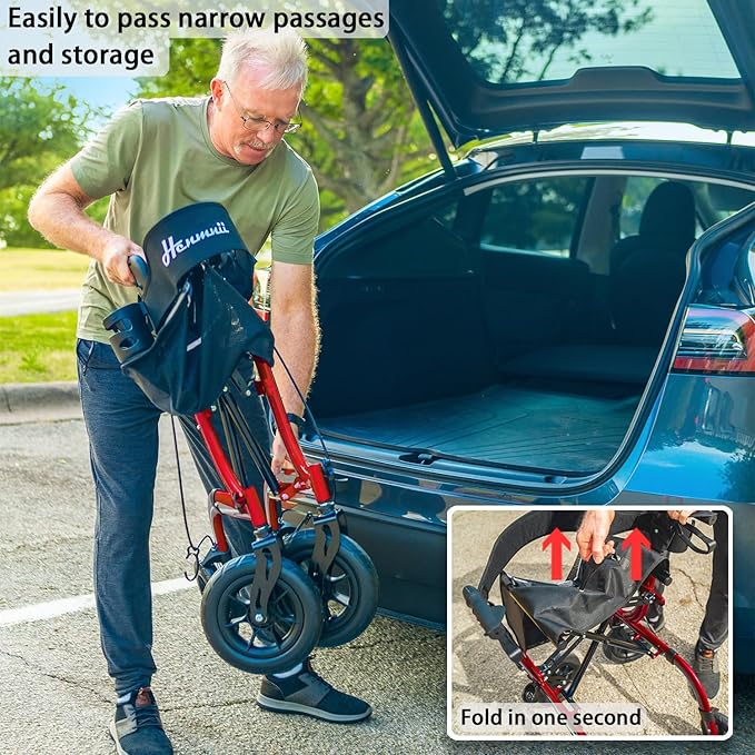Rollator Walker for Seniors, Lightweight Foldable All Terrain Rolling Walker with seat, Aluminum Walkers with 10 inch Rubber Wheels, Handles and Backrest for Seniors and Adult