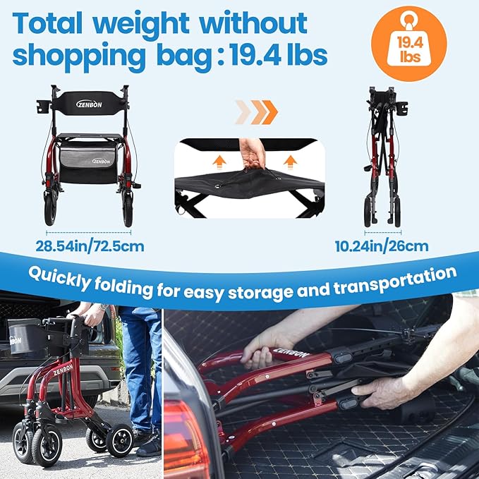 Rollator Walker for Seniors/Adults Foldable Rolling Walker with Seat 330 lbs Capacity 10 inch Wheels Hand Grips Adjustable Height Lightweight Durable Aluminum Walker Removable Back Support (Red)