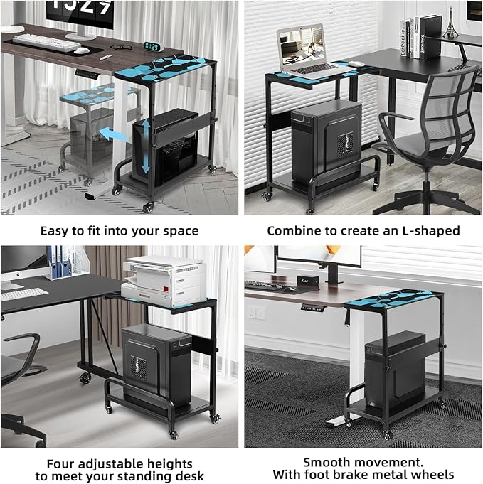 Adjustable Computer Tower Stand Large with Guardrail, 2 Tier Gaming PC Tower Stand for ATX, E-ATX, ITX, Rolling Floor Cart with Locking Metal Wheels, 32.7" X 21.6" X 15.8"