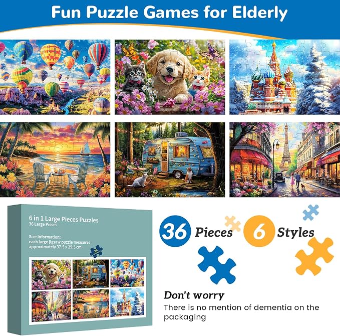6 Packs 36 Large Piece Puzzle for Seniors,Dementia Alzheimer's Products Activities for Elderly Adults,Easy Puzzle Alzheimer’s Memory Cognitive Game Gift for Patient in Nursing Home with 6 Storage Bags