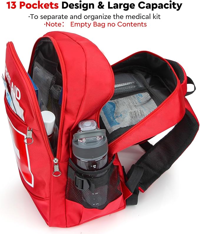 E-HORDE First Aid Backpack with Multi-Pocket, Emergency Medical Backpack, Large Capacity & Water-proof, Empty First Aid Bag for Home Office EMT Paramedics, Red