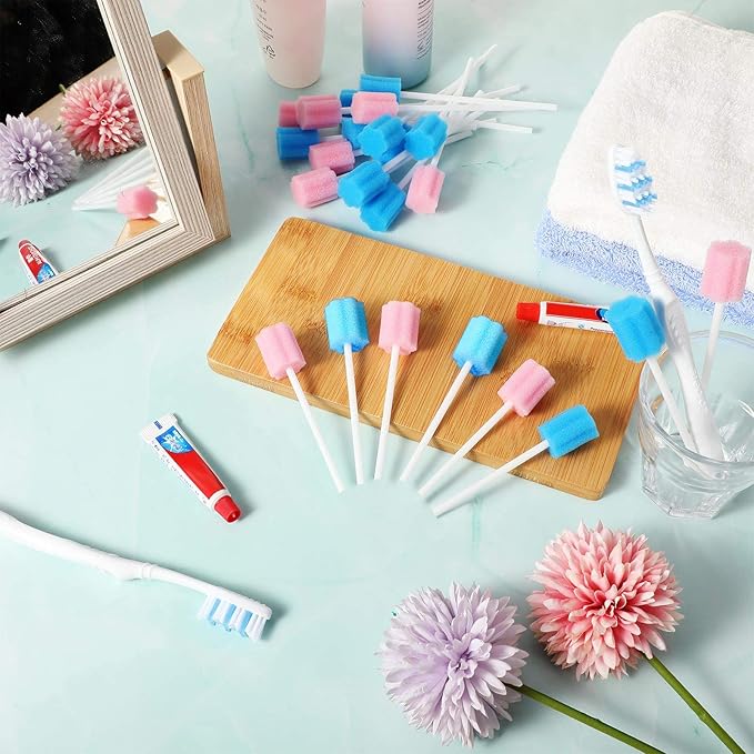 Outus 300 Pcs Toothettes Oral Swabs Disposable Mouth Swabs Sponge Bulk Dental Swabsticks Unflavored for Elderly Adults Mouth Cleaning Oral Cavity Care Health, Pink and Blue (Not Individual Packing)