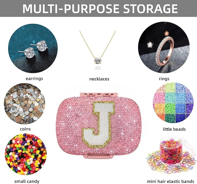 Cute Pill Organizer Small Bling Pill Case for Purse Medicine Vitamin Container Holder Daily Pill Box Container for Women Travel Medicine Kit(Letter J Pink)