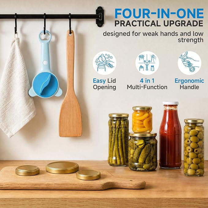 2026 Upgraded 4-in-1 Jar Opener - Adjustable Stainless Steel Lid Remover for Seniors & Arthritis Sufferers, Fits Kitchen Jars, Bottles & Cans Blue