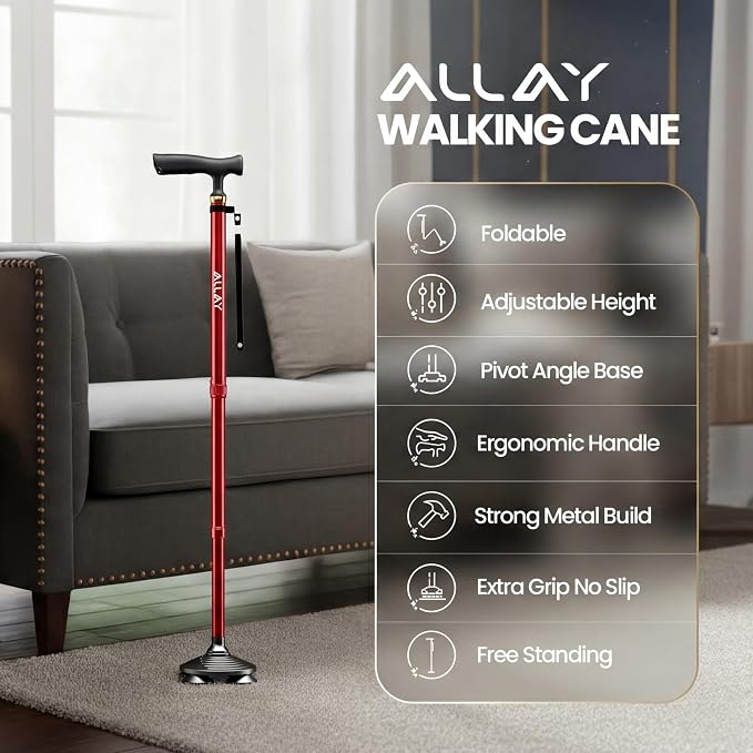 Allay Walking Canes for Men & Women - Adjustable Canes for Women for Stability, Self Standing Wide Quad Pivot Base, Light Weight, Soft Handle Grip and Travel Bag, Walking Sticks for Seniors