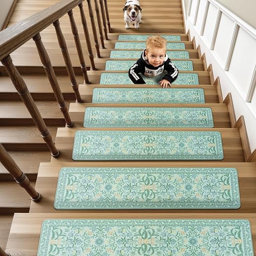 OJIA Blue Stair Treads Non Slip 15PCS 8"x30" Stair Runners for Wooden Steps | Floral Rubber Carpet Stair Treads Stair Runner Indoor Mats Residue-Free Staircase Step Treads for Kids, Elders, Pets