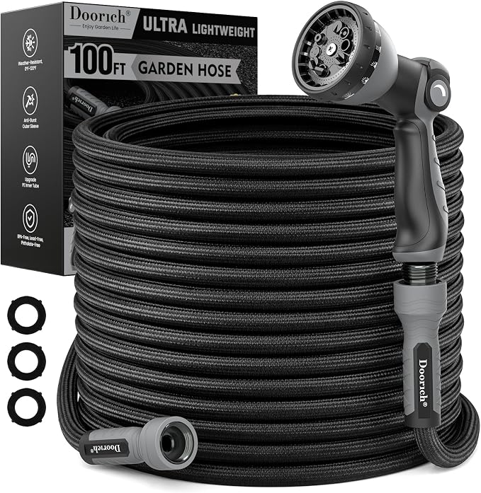 Garden Hose, Flexible Ultra Lightweight Durable, Kink-Free Water Hose with 10 Function Sprayer - Non-Shrinking, Easy to Store, All-Weather, High-Pressure, Black (100 FT)