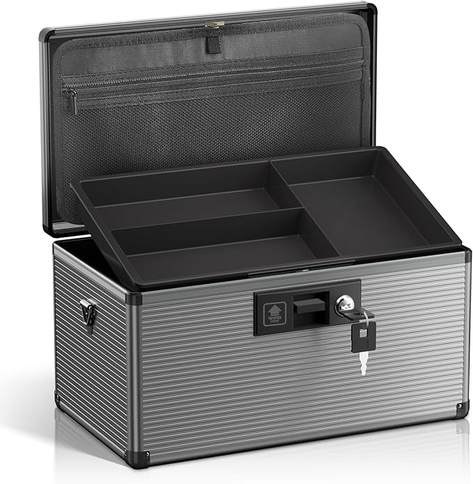 Medicine Lock Box with Key, Alluminum Alloy Box for Medication,First Aid Box with a Removeable Tray to Store Medicines & Pills for Home, Black, 14 * 8.46 * 7.48 Inch