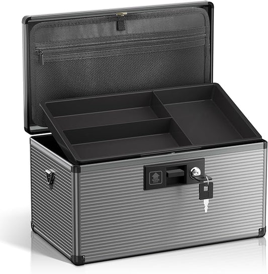 Medicine Lock Box with Key, Alluminum Alloy Box for Medication,First Aid Box with a Removeable Tray to Store Medicines & Pills for Home, Black, 14 * 8.46 * 7.48 Inch