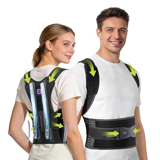 Rakiie Posture Corrector for Women Men, 4 Full Back Support Brace Bars, Adjustable Shoulder Straightener with Cushioned Pads for Hunchback, Round Shoulders, Back Pain Relief, Purple L
