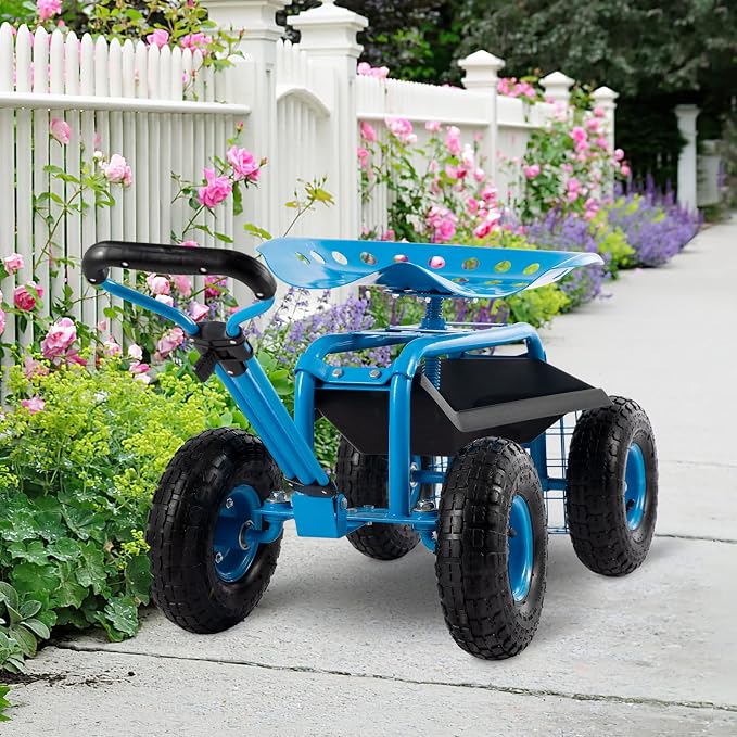 Rolling Garden Cart with Workseat - Heavy Duty Scooter with Handle and Storage Gardening Stool, 360 Degree Swivel Seat for Seniors Garden Cart on Wheel,Blue