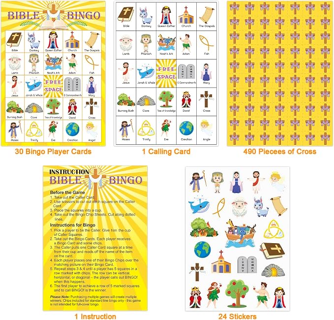 30 Players Bible Bingo Game for Kids - Vacation Sunday School Christian Church Game - Activities Easter Gifts Family Open Day Supplies