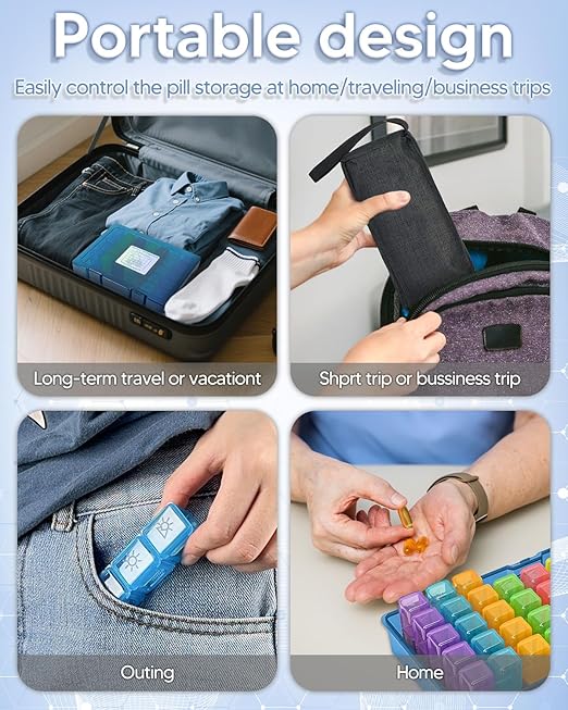 Monthly Pill Organizer 2 Times a Day, FRIWOLE Medicine Box with Portable Weekly Pill Bag, Keychain Pill Case, Pill Cutter and 2 Sticker(Blue, 2 Times a Day)