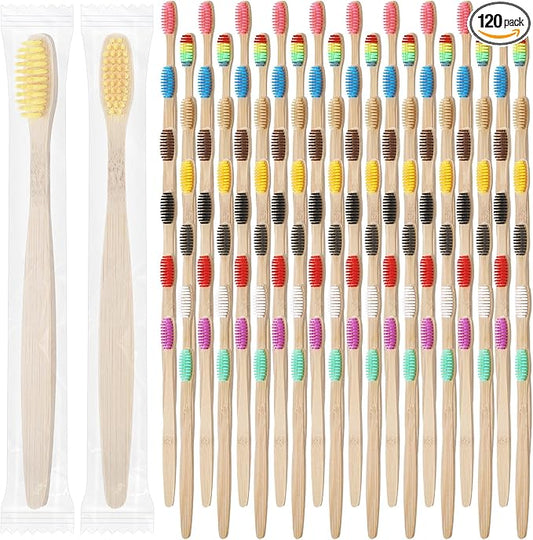 120 Pcs Bamboo Toothbrushes, Soft Bristle Toothbrush for Adults, Eco Friendly Natural Wooden Toothbrushes, Vegan Organic Bamboo Travel Tooth Brush, Individually Wrapped, 7 Inch 12 Color