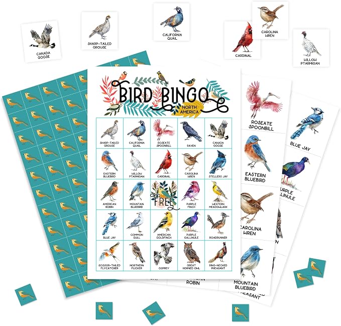 Bird Bingo Game Cards, North America Bingo Game for Adults, Backyard Birding Cards Supplies, Animal Birthday Party Decor Favors, Card Gifts for Bird Lovers Women Friends Family Holiday, 01
