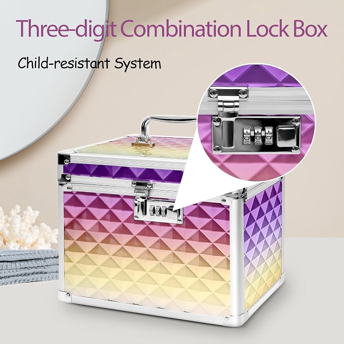 Medication Combination Lock Boxes with Code for Personal Items, Medicine Lockbox for Documents 10 x 7.25 x 7.75 Inches Rainbow Plaid Gold Purple