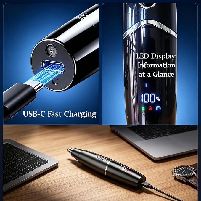 5-in-1 Nose Hair Trimmer for Men, USB-C Rechargeable Painless Eyebrow & Facial Trimmer, IPX7 Waterproof Electric Grooming Kit, LED Display with 5 Blade Heads, Classic Black