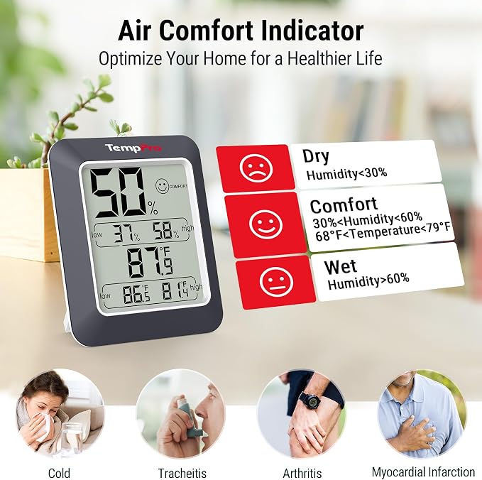 TempPro TempAir Digital Hygrometer Indoor Thermometer Humidity Monitor | Humidity Meter Room Thermometer Humidity Gauge with Temperature Humidity Monitor for House Celler Kitchen Greenhouse, Black