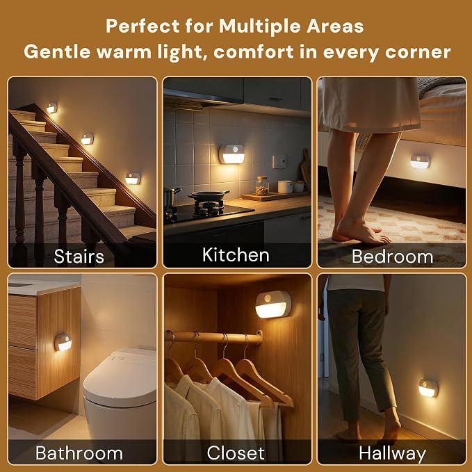 L LOHAS LED Motion Sensor Step Lights Indoor, Battery Operated Stair Lights | Warm White 3000K, Wireless Stick-On LED Night Lights for Hallway, Bedroom, Under Cabinet, Kitchen, 8 Pack