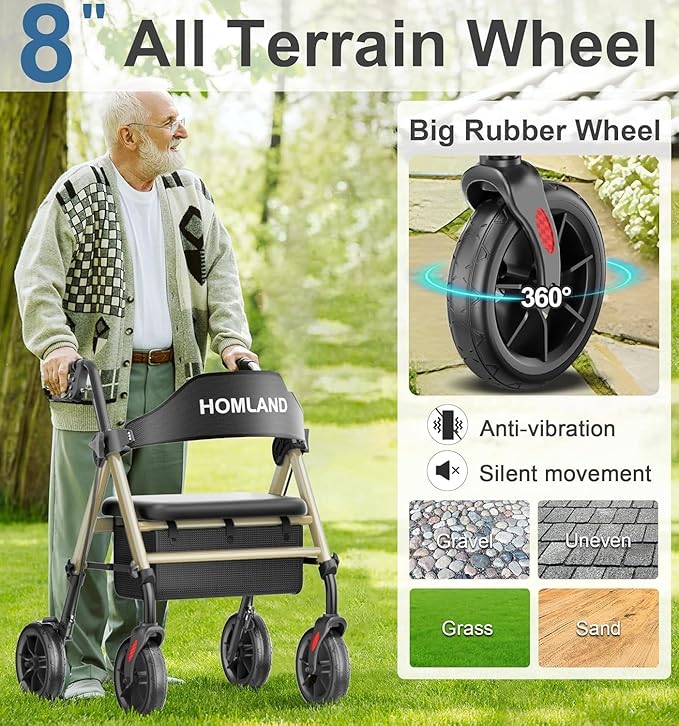 HOMLAND Walkers for Seniors with Seat, Foldable Rollator Walker, Reinforced Aluminum Frame, 8" Big Rubber Wheels for All Terrain, Height Adjustable Lightweight Rolling Walker