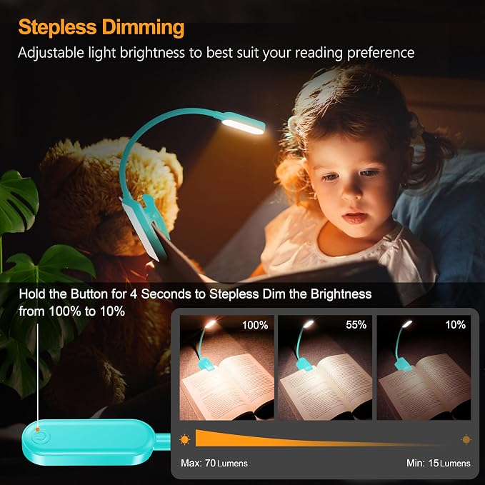 Gritin 16 LED Rechargeable Book Light for Reading in Bed | Eye Caring 3 Color Temperatures, Stepless Dimming Brightness, 80 Hrs Runtime, Lightweight Flexible Clip on Light-Blue