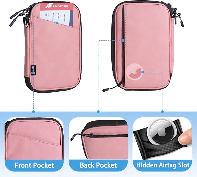Lagre family passport holder for 4 multiple passport bag for travel passport cover rfid blocking for women waterproof wallet with zipper airtag passport case for men (pink with faint patterns)