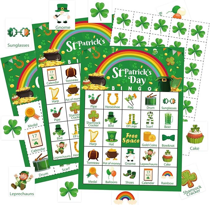 St Patrick's Day Bingo Games Cards, 24 Players St Patrick's Day Party Bingo Games Irish Shamrock Bingo Cards for Saint Patrick's Day Family School Classroom Activities