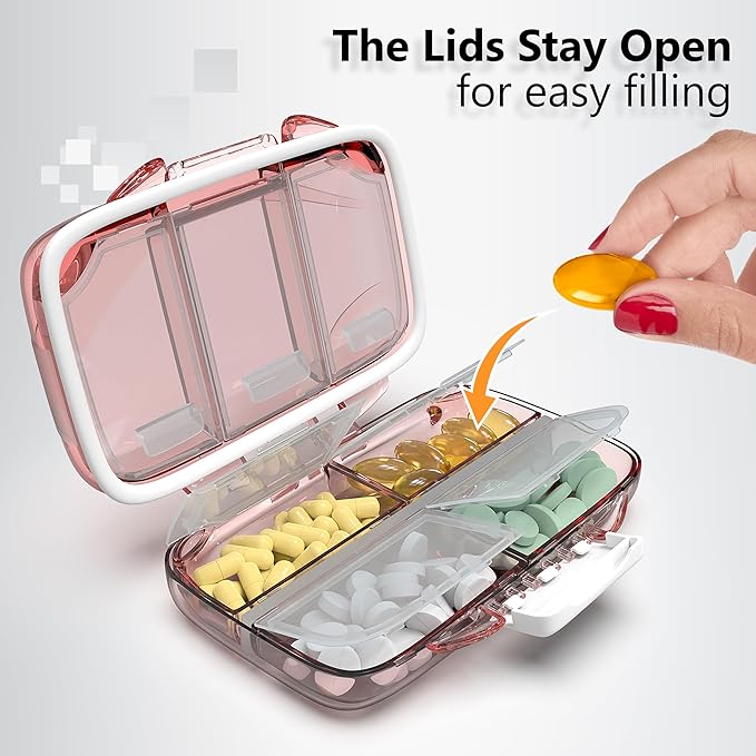 Travel Pill Organizer - Moisture Proof Portable Vitamin Holder with 7 Compartments, Compact Supplement Case for Purse Essential Medicine Kit fot Traveling Pocket Pharmacy with Labels, Pink