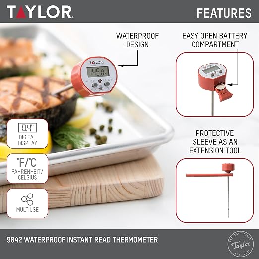 Taylor Waterproof Digital Instant Read Thermometer For Cooking, BBQ, Grilling, Baking, And Meat, Comes With Pocket Sleeve Clip, Red