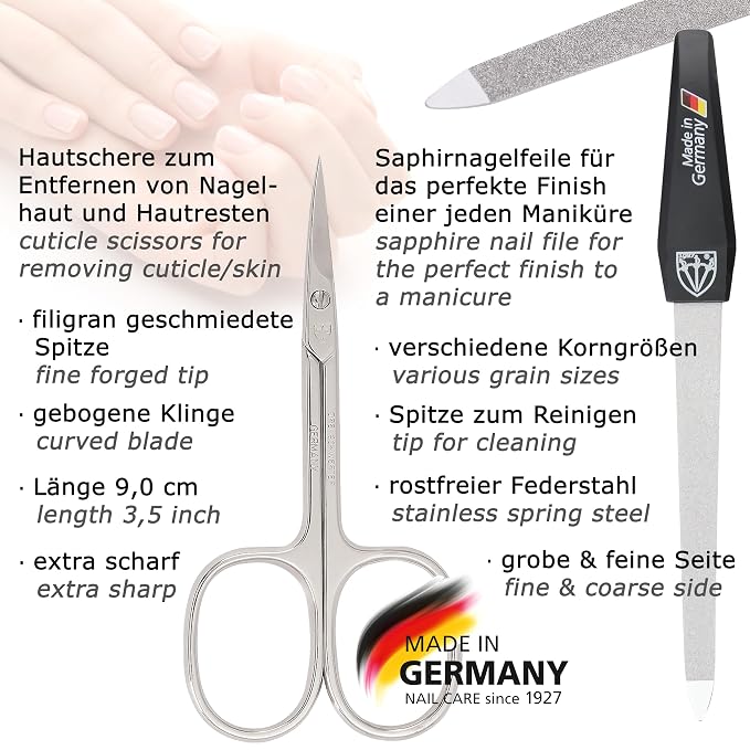 3 Swords Germany - brand quality 5 piece manicure pedicure grooming kit set for professional finger & toe nail care scissors clipper genuine leather black case in gift box, Made in Germany