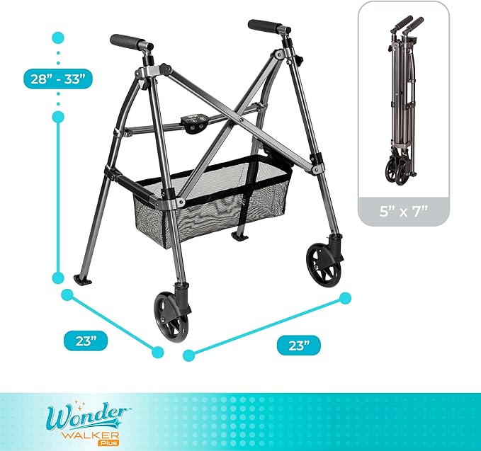 Stander Wonder Walker Plus, Lightweight Folding Mobility Aid for Adults, Seniors, and Elderly, Collapsible Travel EZ Fold-N-Go with Wheels, Glides, & Basket, Black Walnut