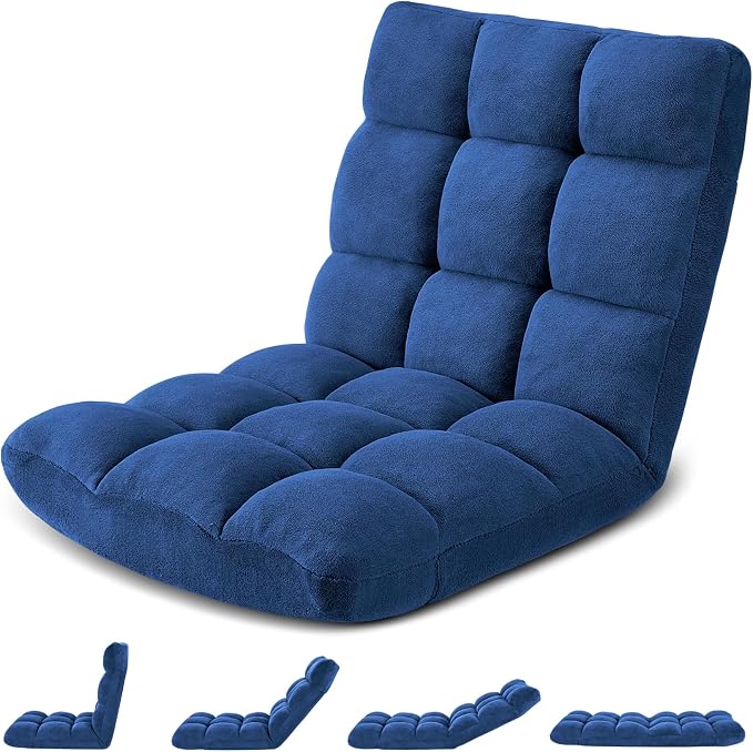 Folding Floor Gaming Chair 14-Poistion Cushioned Adjustable Floor Lazy Sofa Chair w/Breathable Cotton & Skin-Friendly Velvet for Adults & Kids Perfect for Reading Gaming Meditating, Darkblue