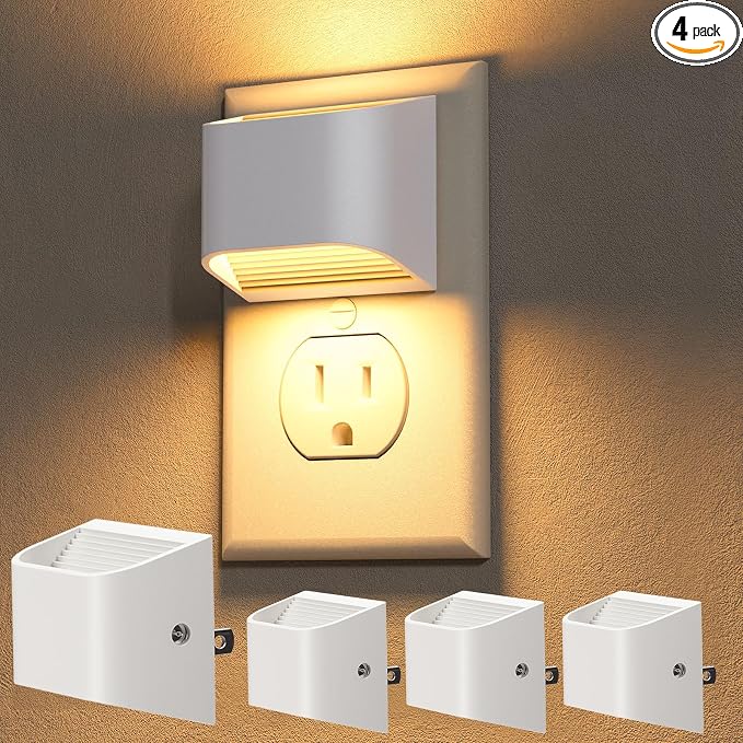 NIORSUN Plug in Night Light, Auto Brightness Sensor Night Light, 3000K Warm White, Ultra-Slim Wall Light for Hallway Bathroom Bedroom Stairs, White, 4 Pack