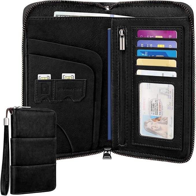 RFID Family Passport Holder Wallet - Travel Document Organizer | PU Leather, with Wristlet, Zipper, Cards, Boarding Pass, ID, Cash, Ticket Pockets,Travel Essentials Gifts for Women Men