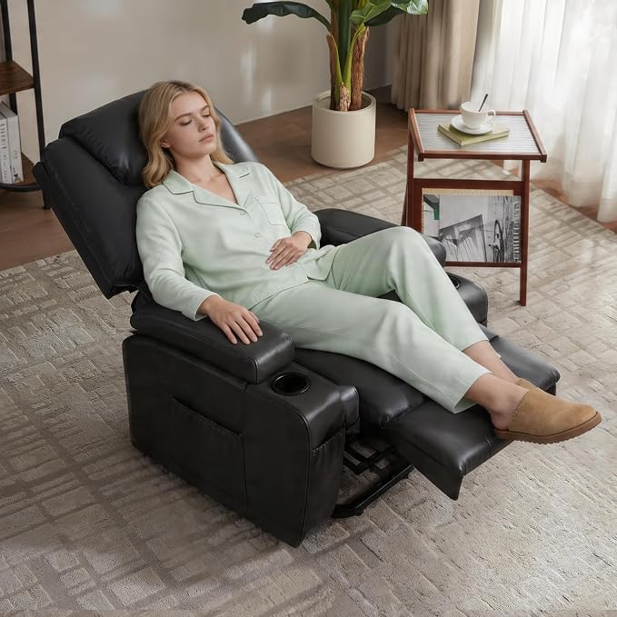 Power Lift Recliner Chair for Elderly, Electric Lift Chair with Massage & Heat, PU Leather Reclining Sofa with Cup Holders, Side Pockets for Living Room Bedroom