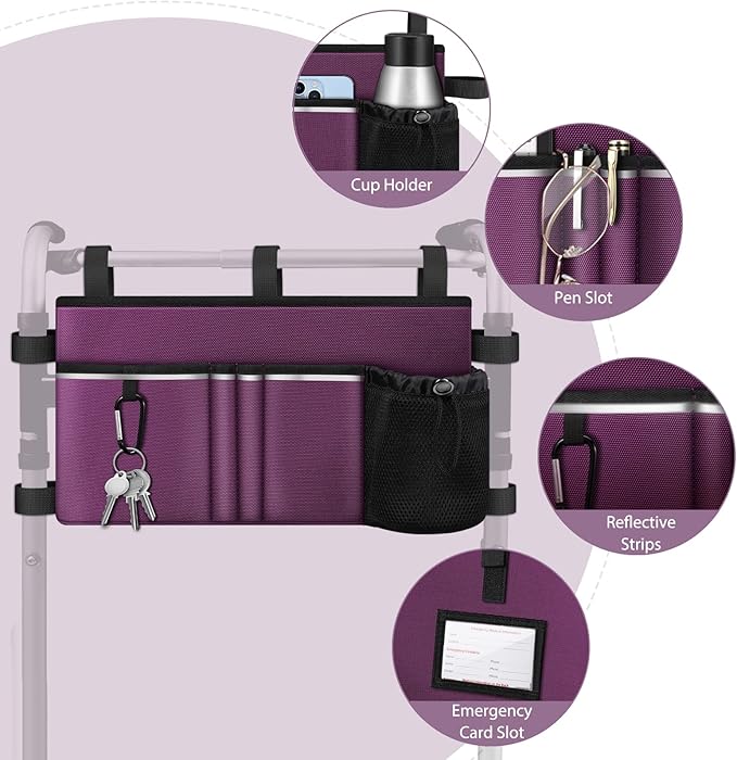FINPAC Large Walker Tote Bag with Cup Holder, Folding Walker Attachment Hands-Free Storage Basket Mobility Aid Accessory Pouch for Elderly, Senior, Purple