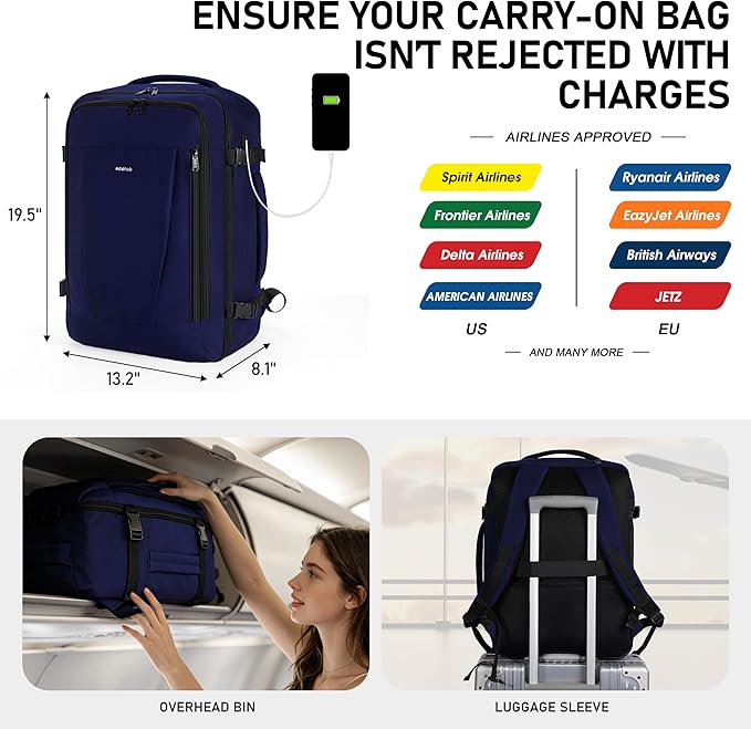 ECOHUB 35L TSA Friendly Travel Laptop Backpack for Men and Women, Large Carry-On Business Backpack with 17.3 In Laptop Compartment, Waterproof Oxford Fabric, Anti-Theft Pocket, Multiple Pockets, Blue