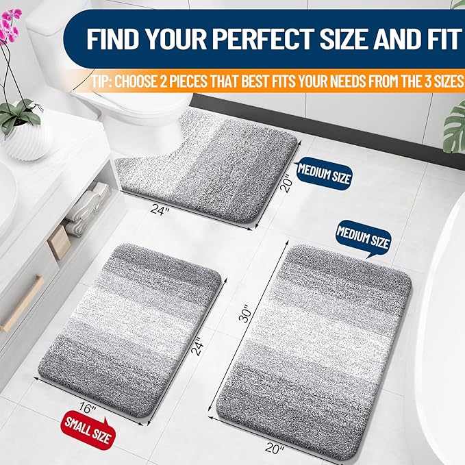 OLANLY Bathroom Rug Set 2 Piece, Soft Absorbent Microfiber Bath Mats and U-Shaped Contour Toilet Rug, Non-Slip, Machine Wash Dry, Plush Shaggy Bath Mats for Bathroom (24"x16"+U24 x20, Light Grey)