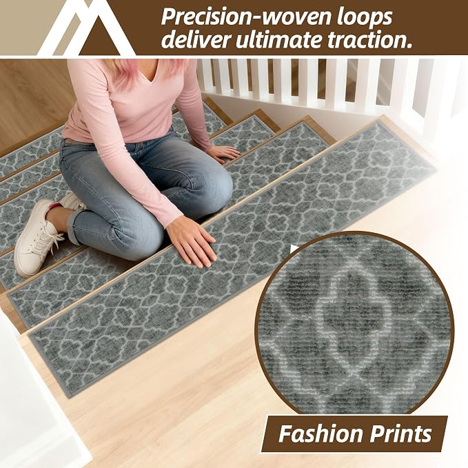 COSY HOMEER Stair Treads for Wooden Steps Indoor with TPE Backing,4Pcs | Non-Slip Carpet Stair Treads, Soft Peel and Stick Stair Runners,Pet-Friendly Stair Runner Washable Reusable,Fern Gray
