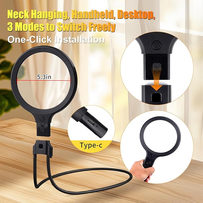 Hands-Free Neckband Magnifier & Magnifying Glass with Light for Seniors – Rechargeable 5X/10X Large 5.3" Lens for Close Work, Reading, Sewing, Cross-Stitching, Crafts