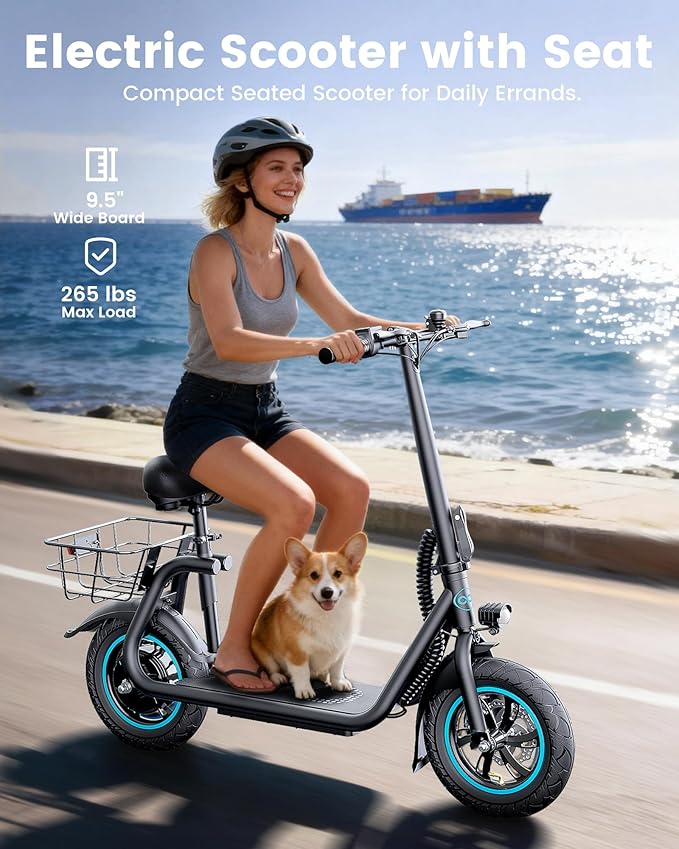 C1 Electric Scooter with Seat for Adults, 450W Powerful Motor, 20 Mile Long Range, 16 Mph Foldable Commuter E-Scooter with Basket for Daily Commute, Grocery, or Pet Travel – Matte Black