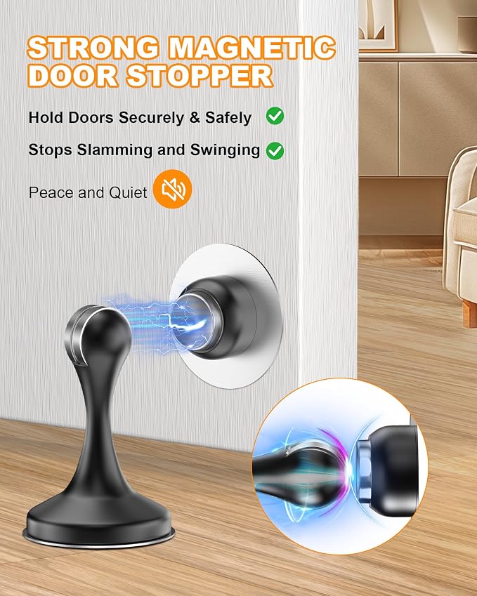 Crosize Magnetic Door Stoppers 6 Pack, Stainless Steel Door Stops for Wall and Floor Mounting, Door Holder Keep Door Open, No Drilling Door Stop with 3D Adhesive Tapes, Black